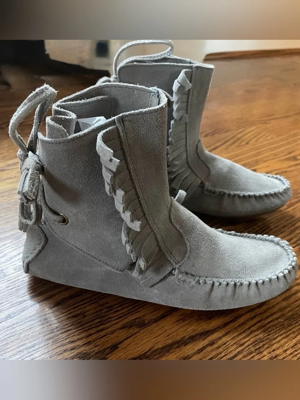 Boho J. CREW Moccasins SIENNA Shoes Suede Leather Vintage Gray Fringed Size 7.5